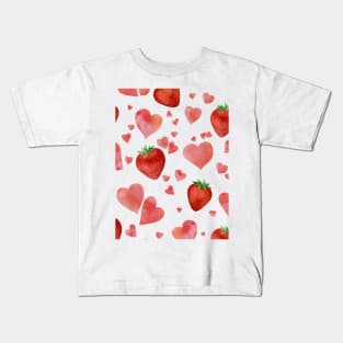 Hearts and strawberries watercolor romantic pattern. Sweet valentine print. Kids T-Shirt